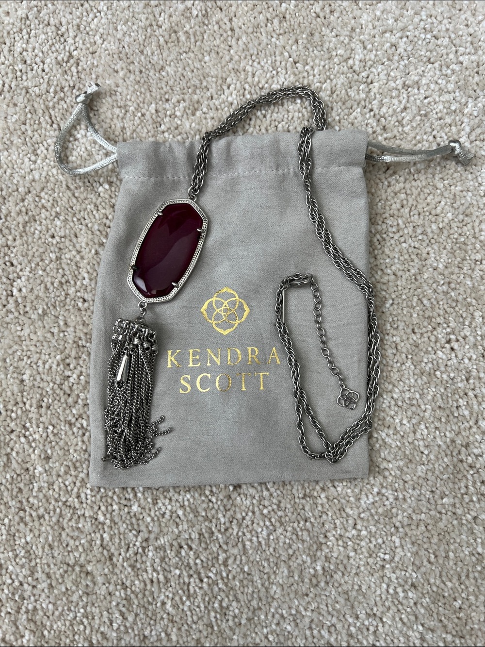 Kendra Scott Silver Chain Tassel Necklace with Burgundy Stone